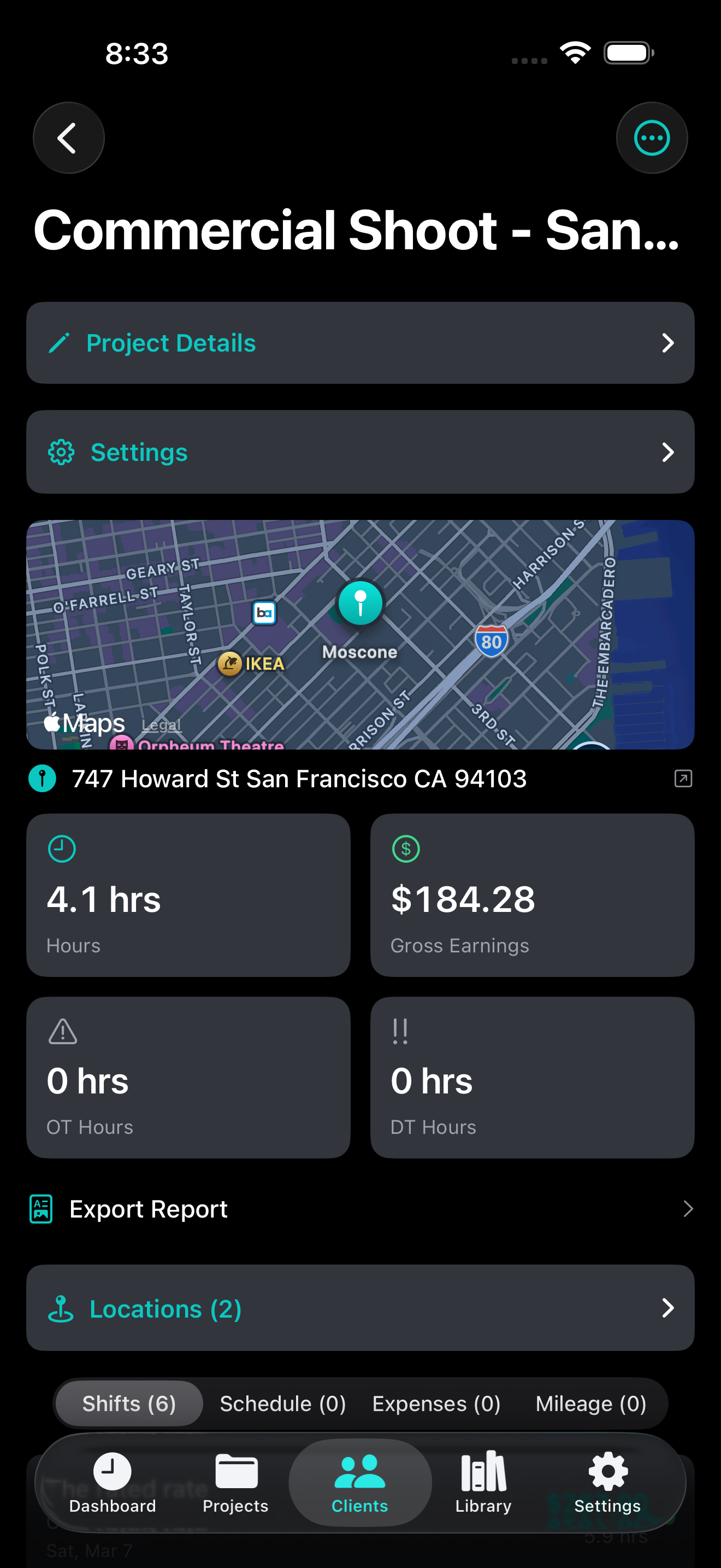 Project Detail — Shifts, settings, and stats